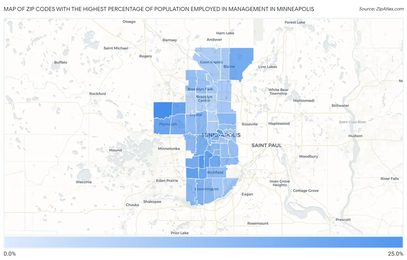 Zip Codes with the Highest Percentage of Population Employed in Management in Minneapolis Map