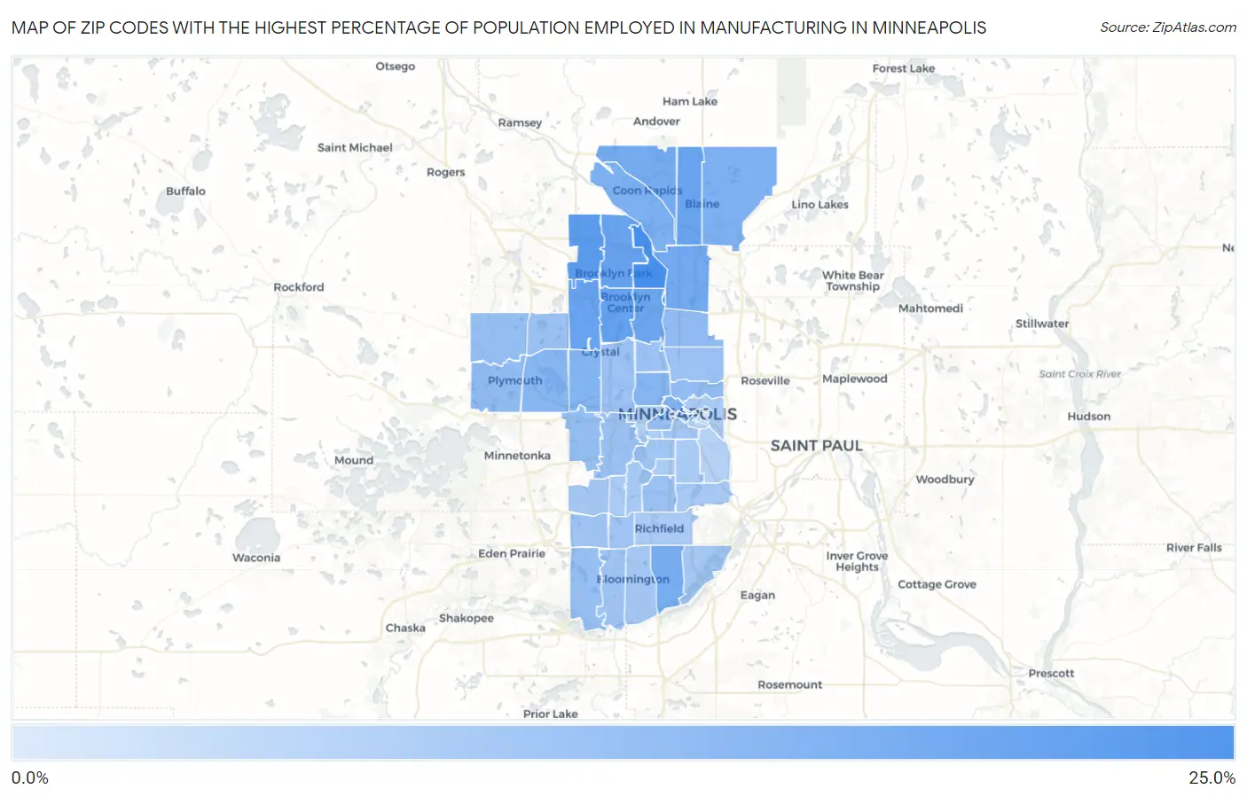 Zip Codes with the Highest Percentage of Population Employed in Manufacturing in Minneapolis Map