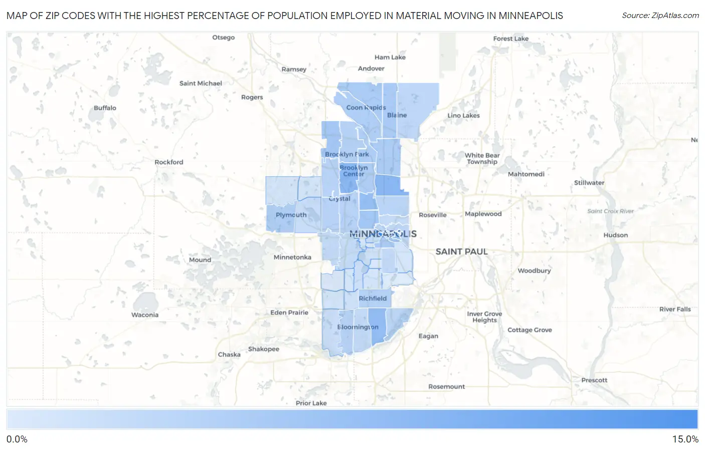 Zip Codes with the Highest Percentage of Population Employed in Material Moving in Minneapolis Map
