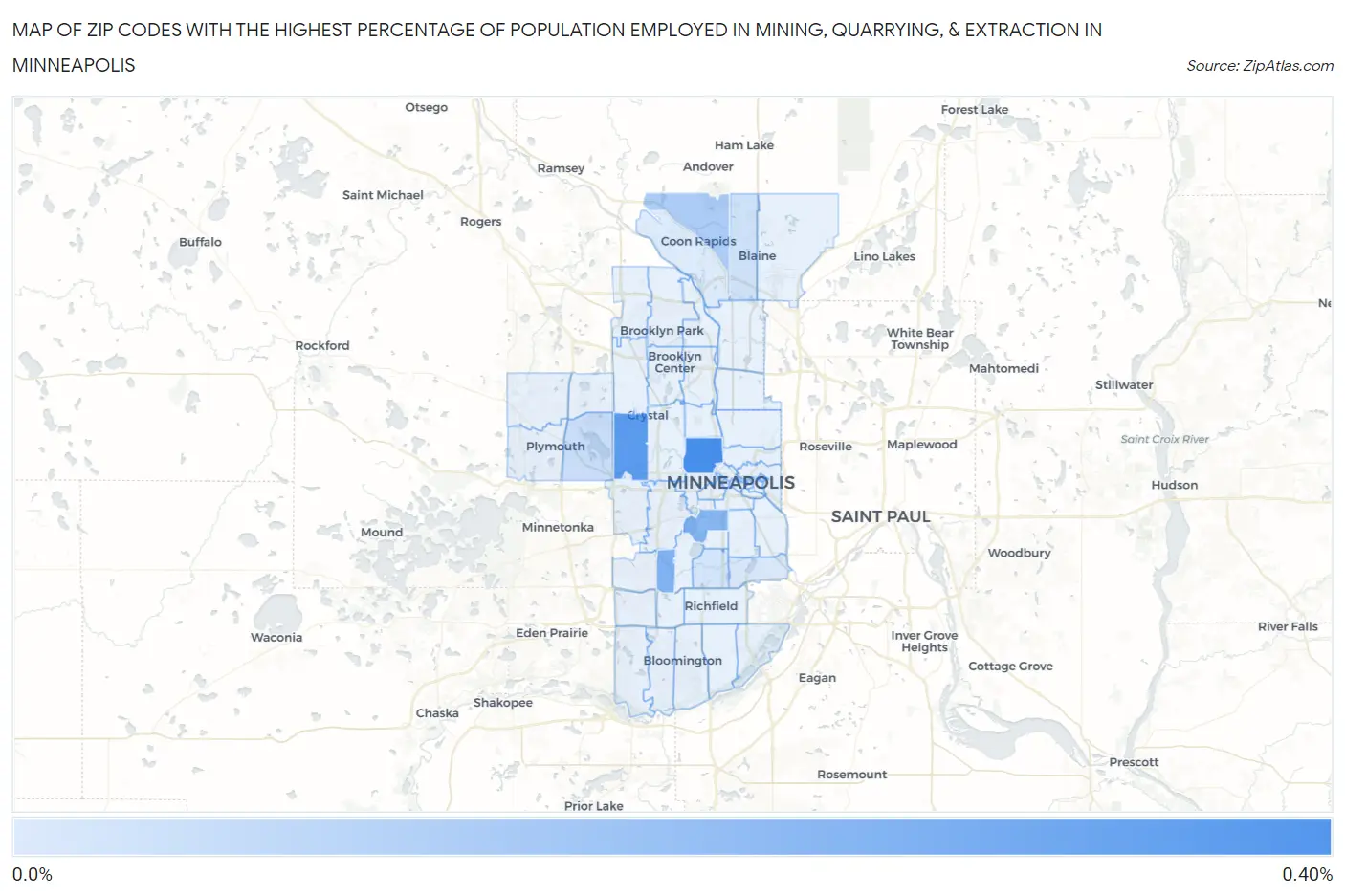 Zip Codes with the Highest Percentage of Population Employed in Mining, Quarrying, & Extraction in Minneapolis Map