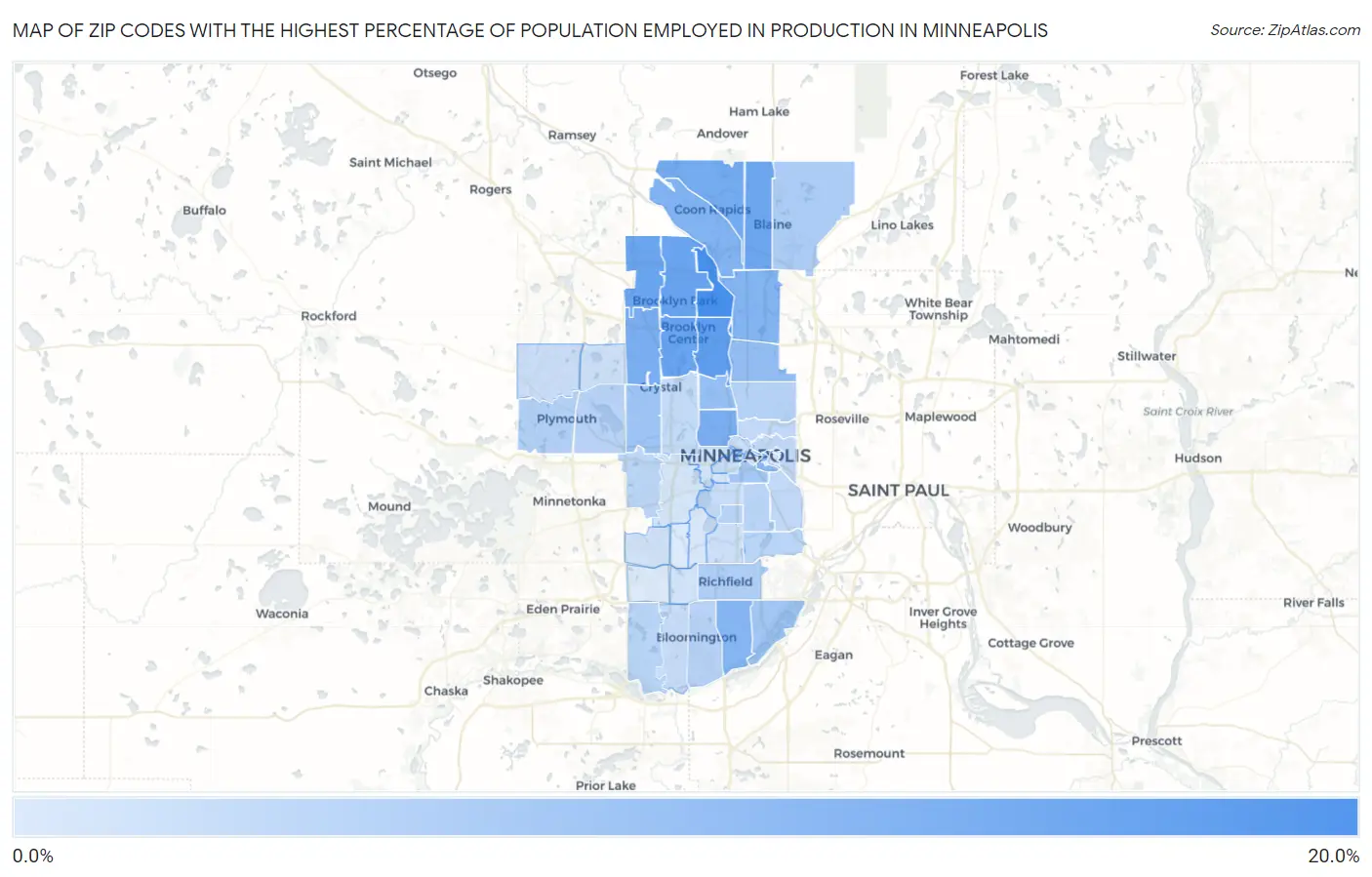 Zip Codes with the Highest Percentage of Population Employed in Production in Minneapolis Map