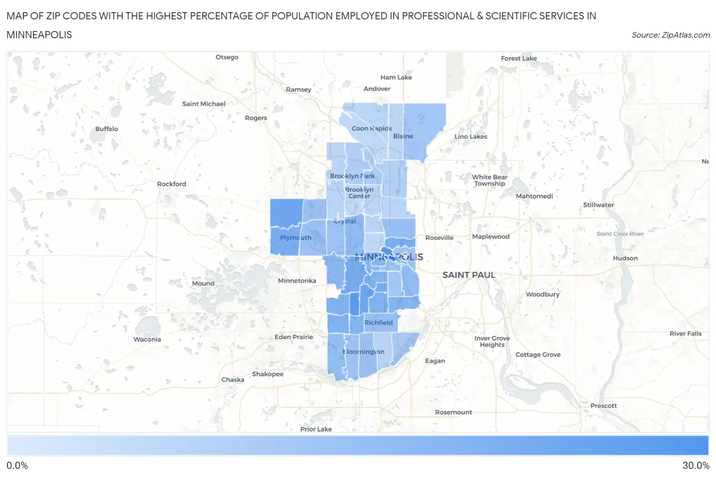 Zip Codes with the Highest Percentage of Population Employed in Professional & Scientific Services in Minneapolis Map