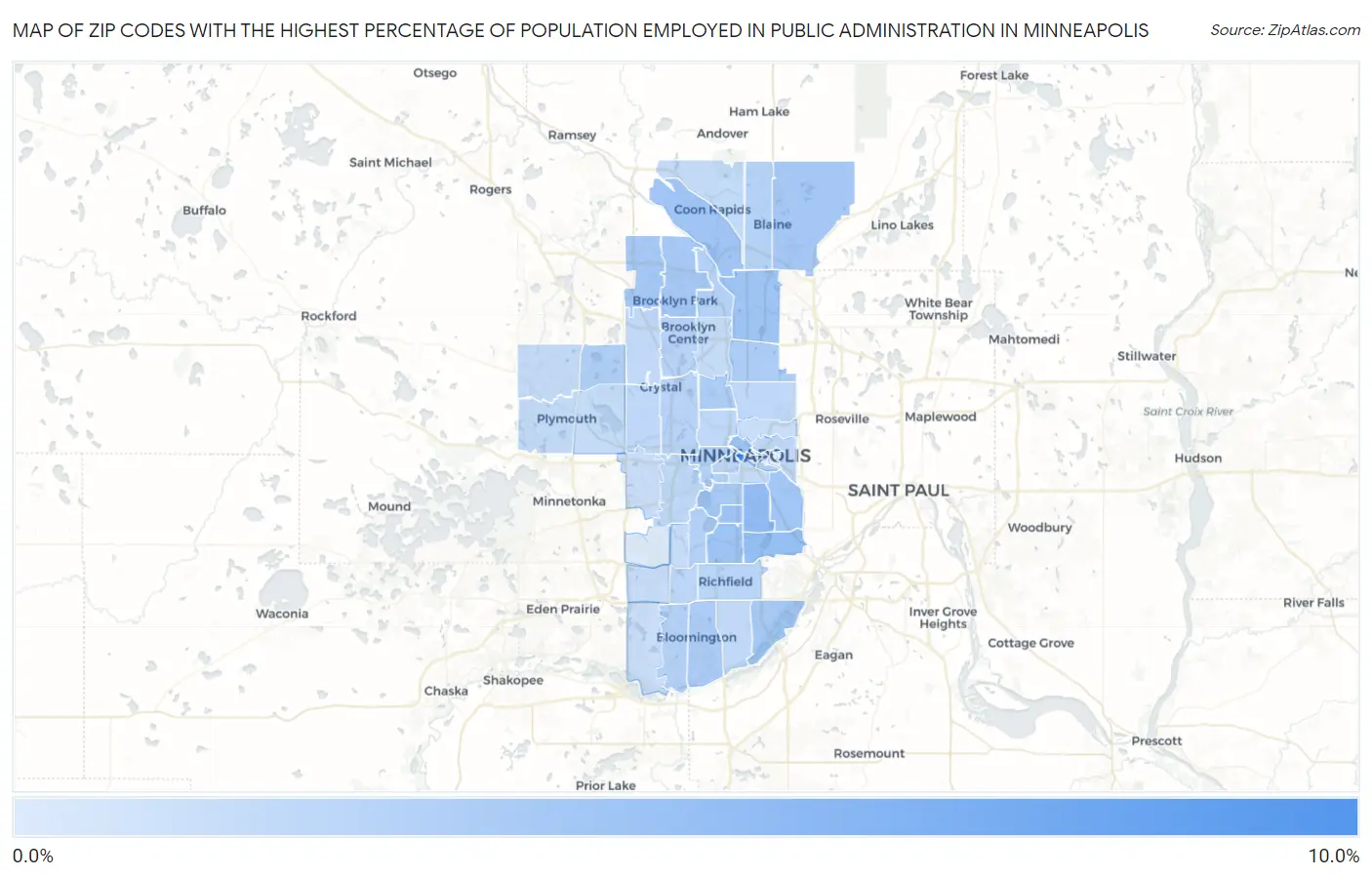 Zip Codes with the Highest Percentage of Population Employed in Public Administration in Minneapolis Map