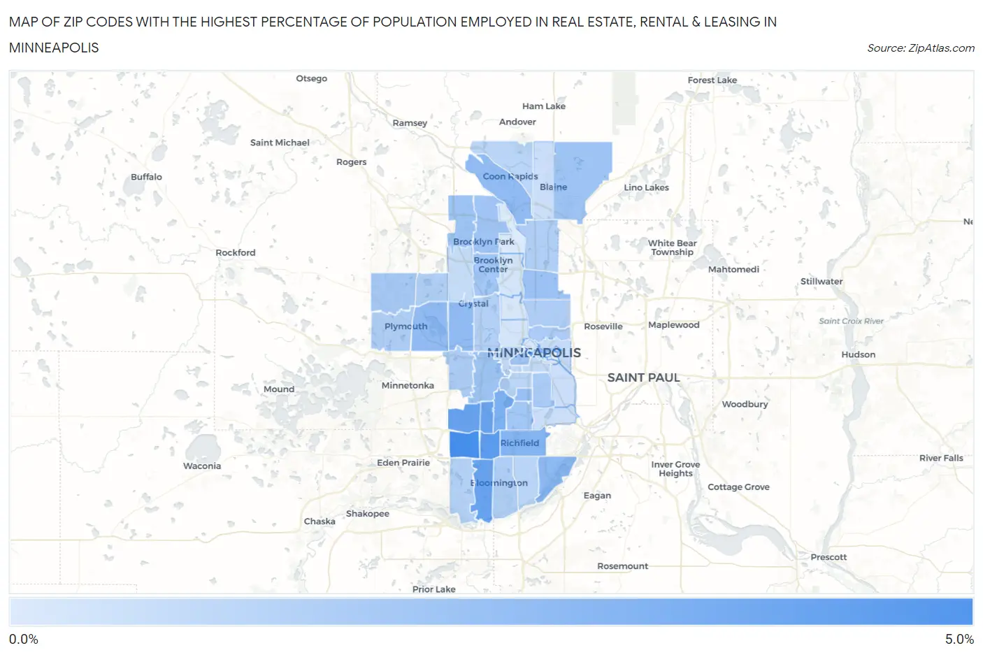 Zip Codes with the Highest Percentage of Population Employed in Real Estate, Rental & Leasing in Minneapolis Map