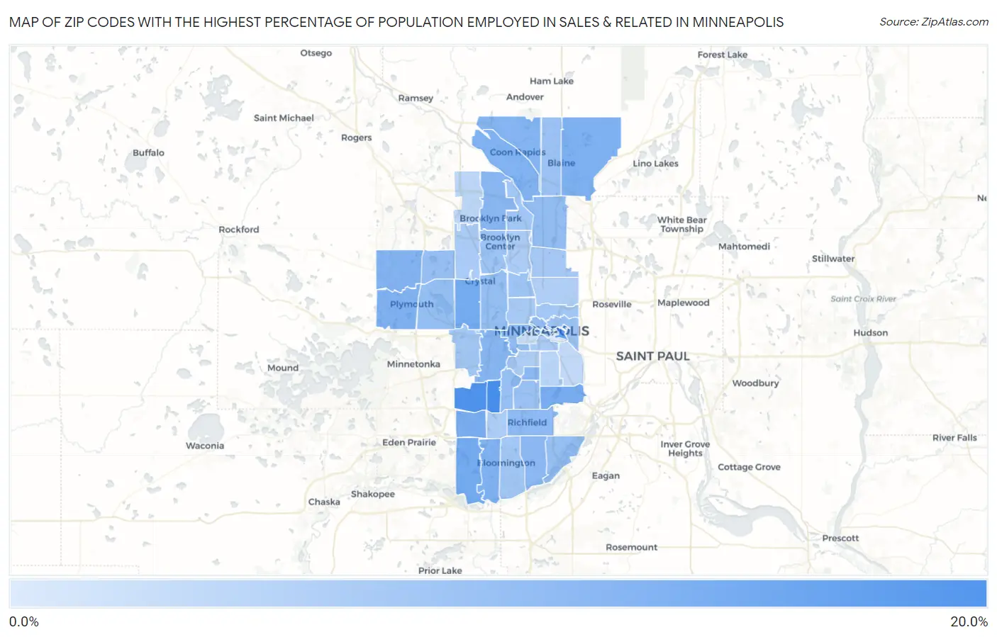 Zip Codes with the Highest Percentage of Population Employed in Sales & Related in Minneapolis Map