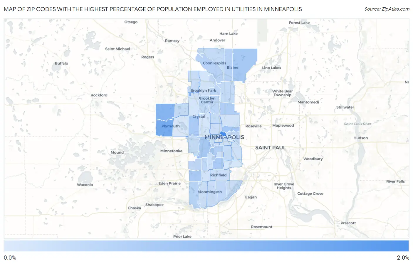 Zip Codes with the Highest Percentage of Population Employed in Utilities in Minneapolis Map