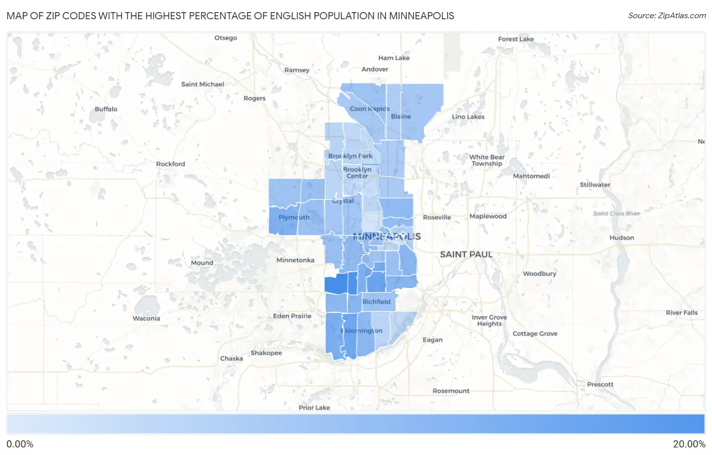 Zip Codes with the Highest Percentage of English Population in Minneapolis Map