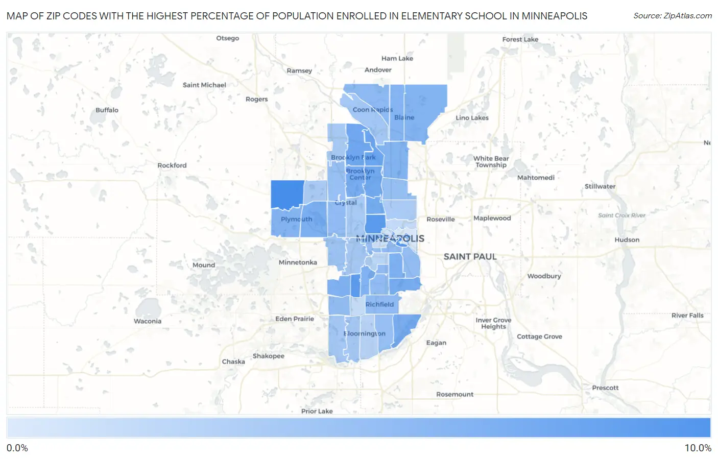 Zip Codes with the Highest Percentage of Population Enrolled in Elementary School in Minneapolis Map