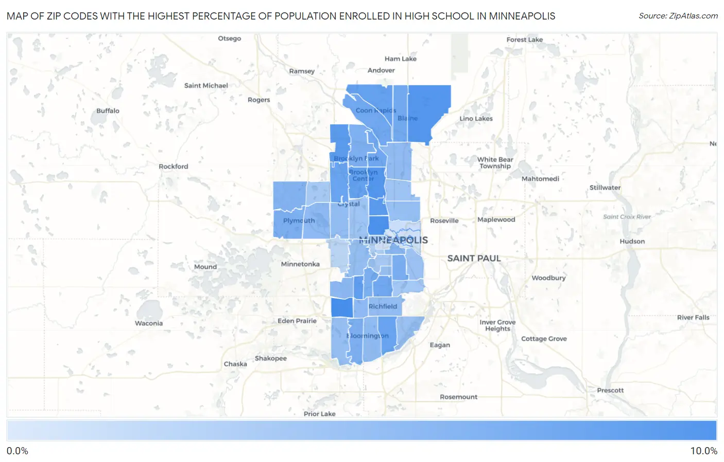Zip Codes with the Highest Percentage of Population Enrolled in High School in Minneapolis Map