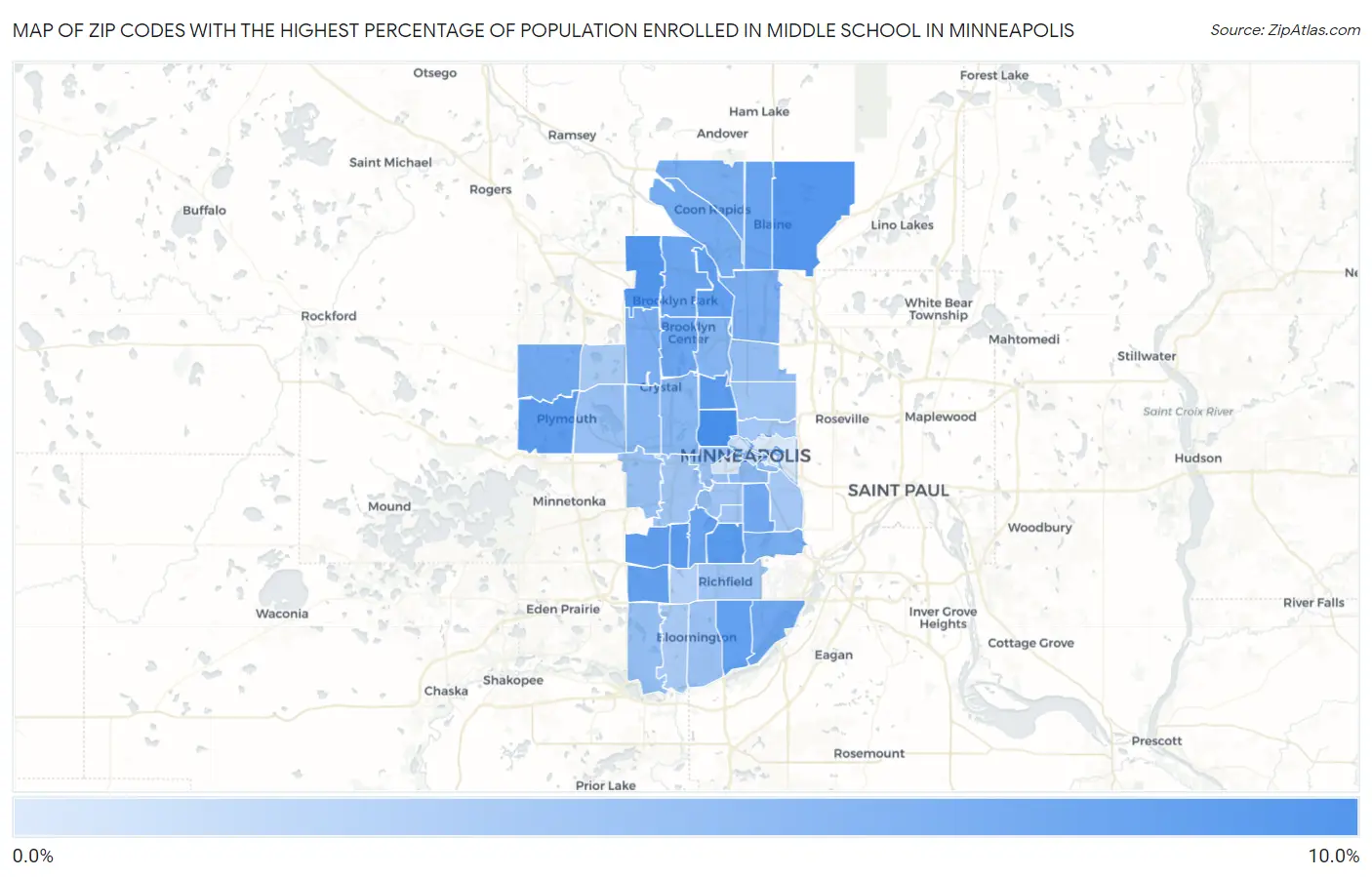 Zip Codes with the Highest Percentage of Population Enrolled in Middle School in Minneapolis Map