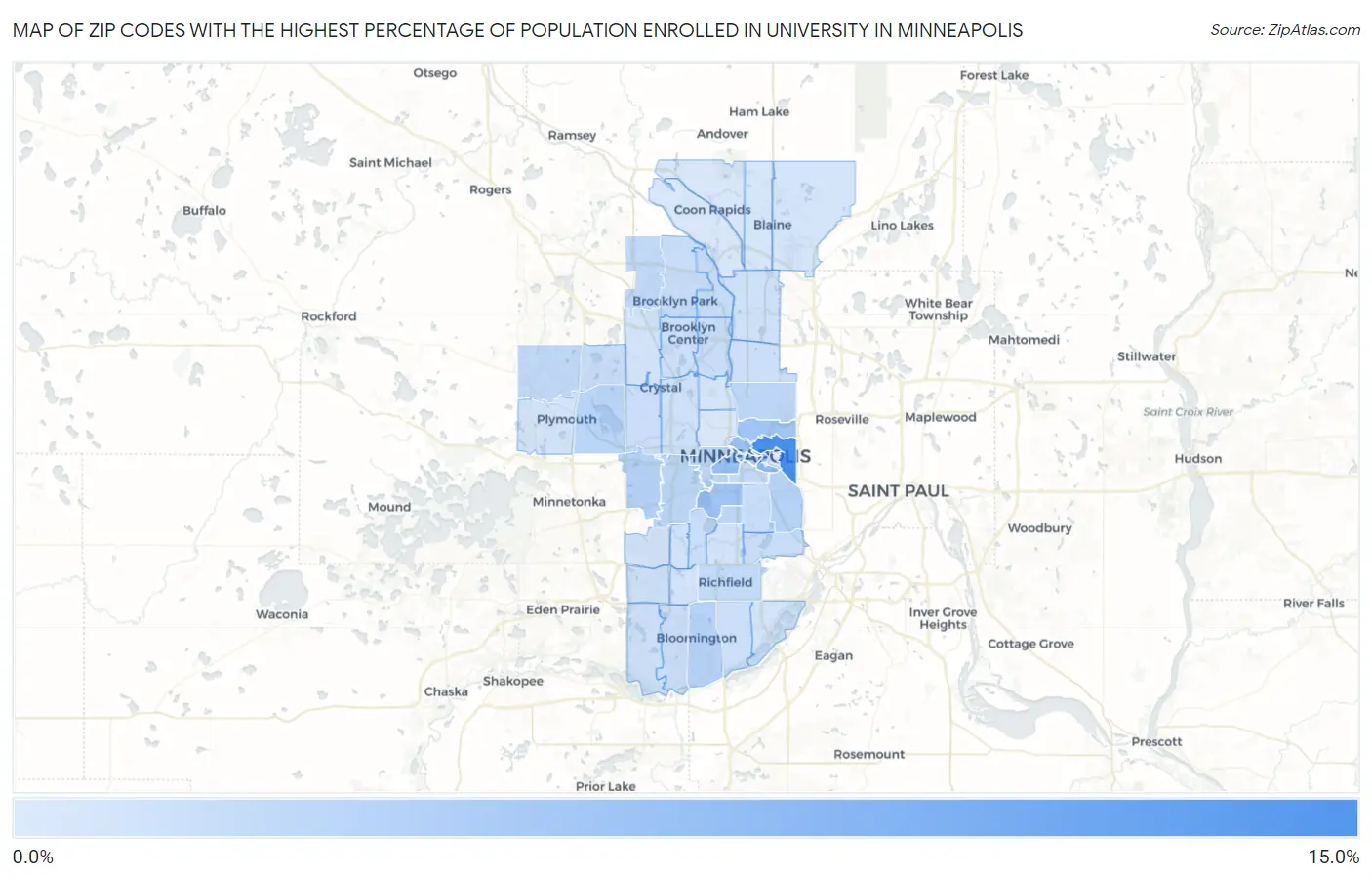 Zip Codes with the Highest Percentage of Population Enrolled in University in Minneapolis Map