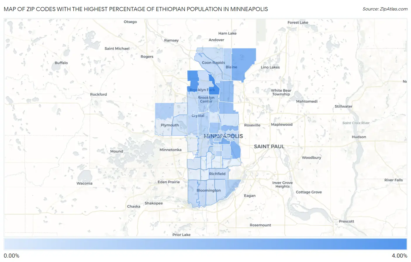 Zip Codes with the Highest Percentage of Ethiopian Population in Minneapolis Map