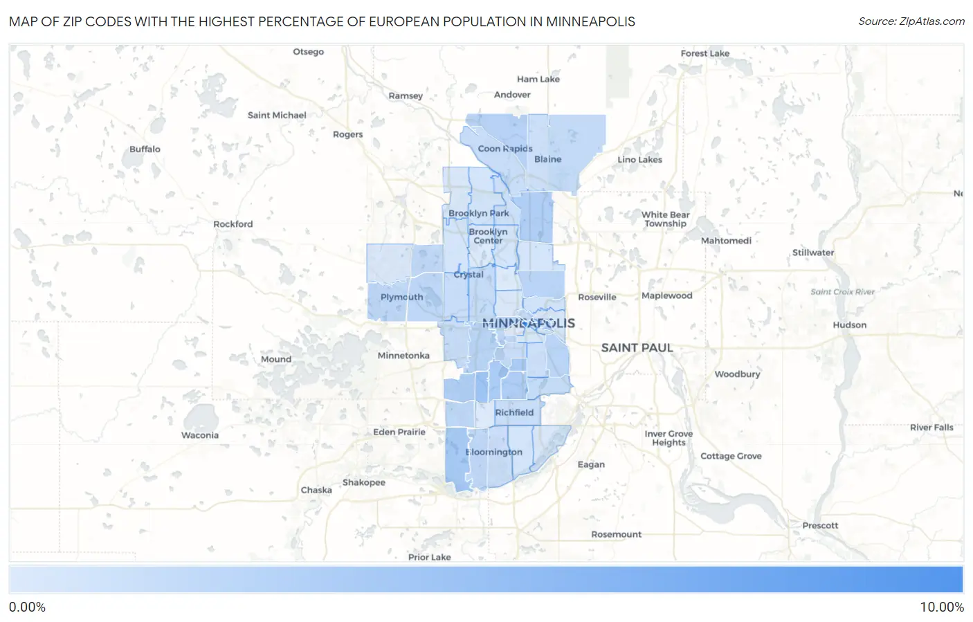 Zip Codes with the Highest Percentage of European Population in Minneapolis Map