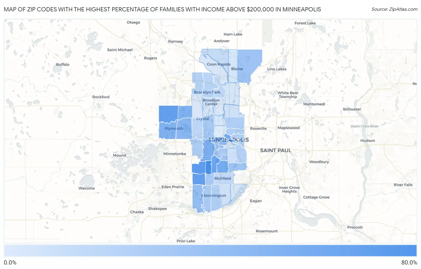 Zip Codes with the Highest Percentage of Families with Income Above $200,000 in Minneapolis Map