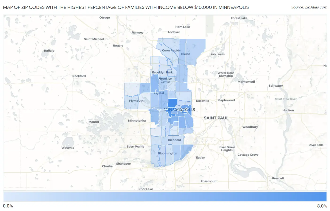 Zip Codes with the Highest Percentage of Families with Income Below $10,000 in Minneapolis Map