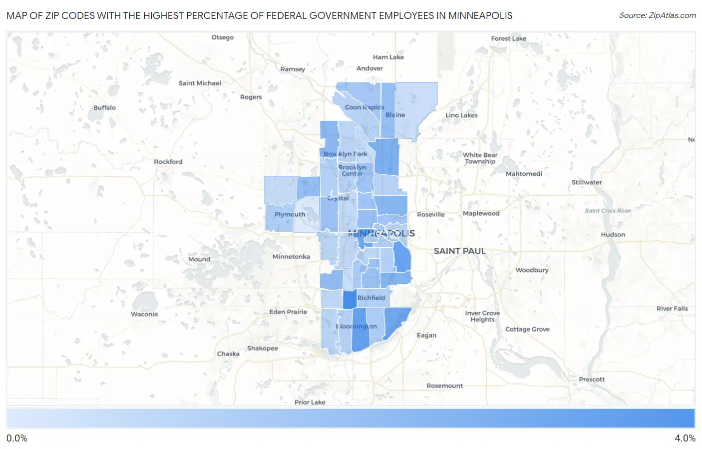 Zip Codes with the Highest Percentage of Federal Government Employees in Minneapolis Map