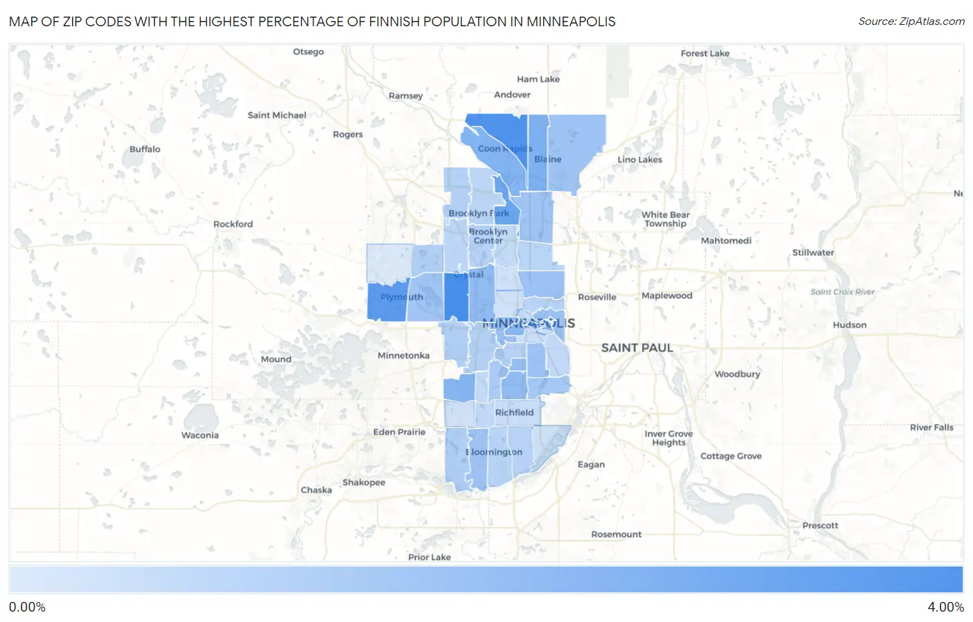 Zip Codes with the Highest Percentage of Finnish Population in Minneapolis Map