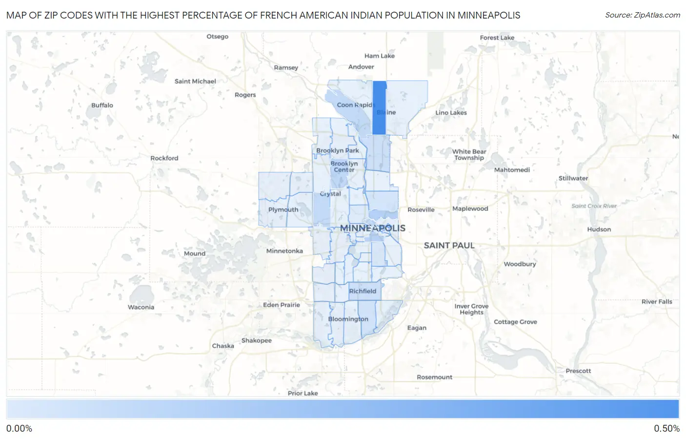 Zip Codes with the Highest Percentage of French American Indian Population in Minneapolis Map