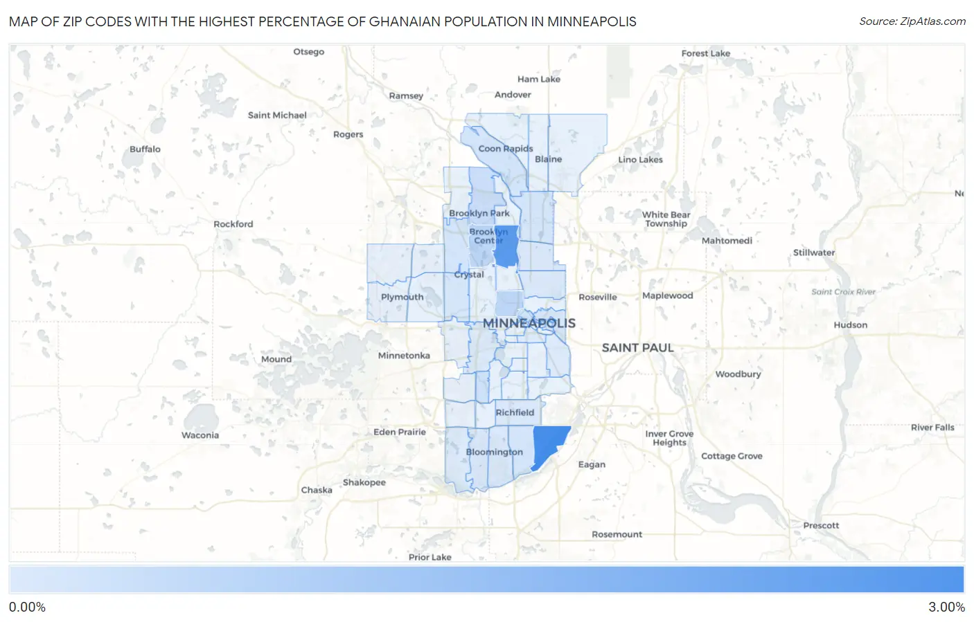 Zip Codes with the Highest Percentage of Ghanaian Population in Minneapolis Map