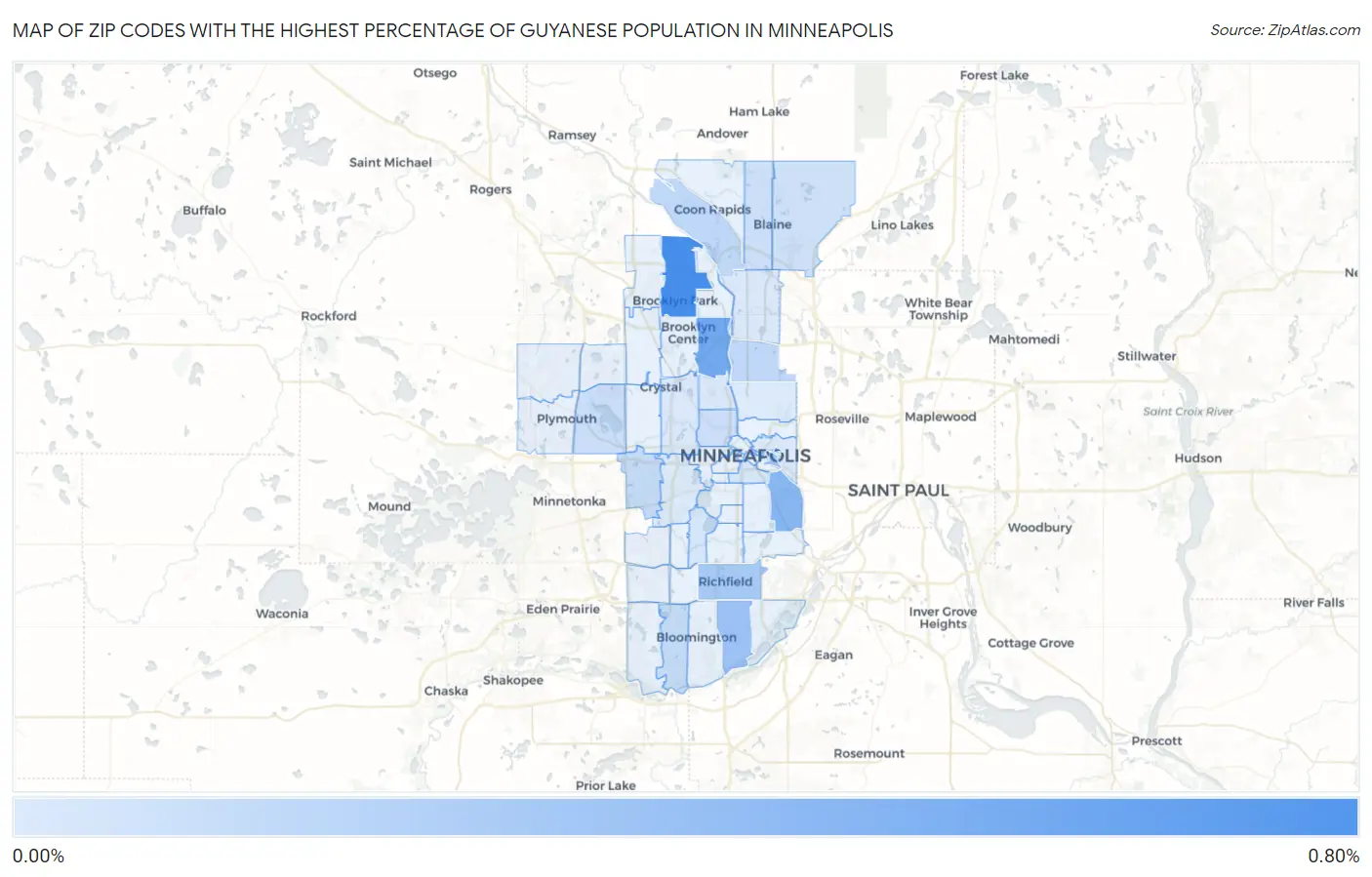 Zip Codes with the Highest Percentage of Guyanese Population in Minneapolis Map