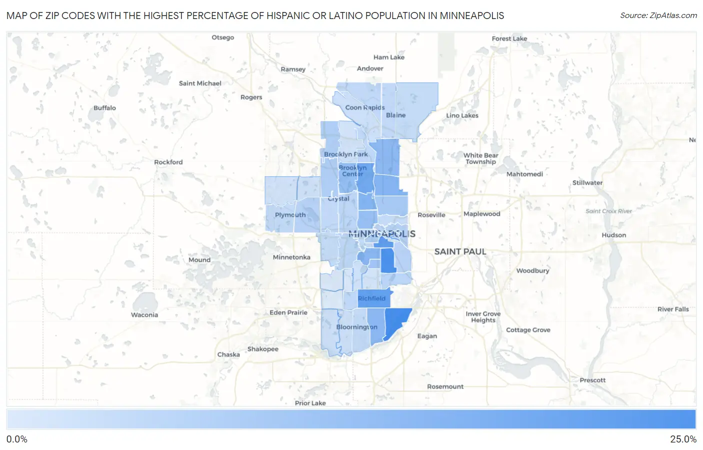 Zip Codes with the Highest Percentage of Hispanic or Latino Population in Minneapolis Map