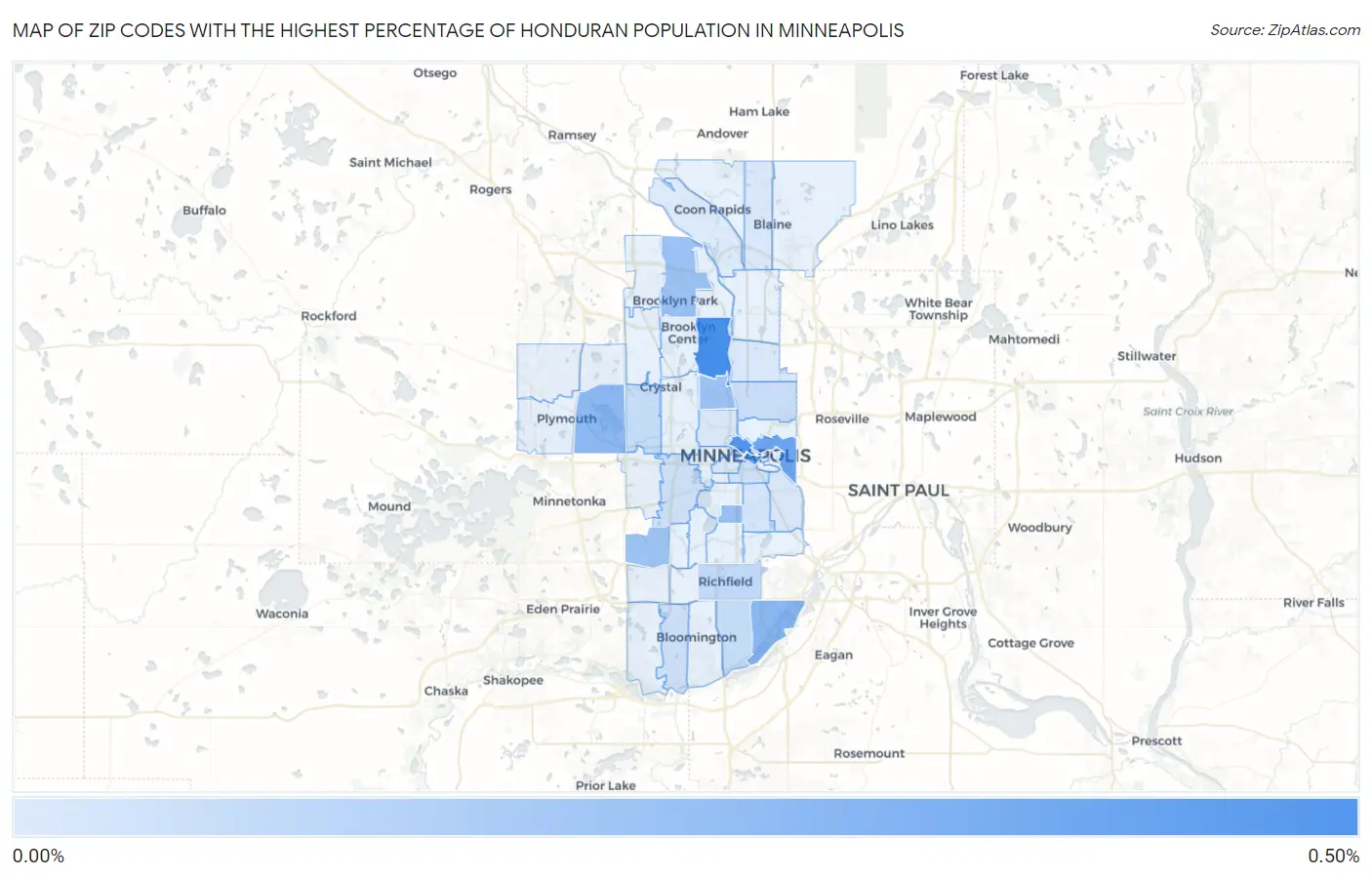 Zip Codes with the Highest Percentage of Honduran Population in Minneapolis Map