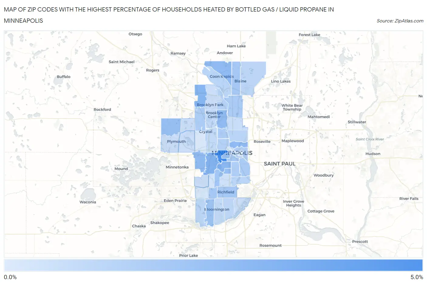 Zip Codes with the Highest Percentage of Households Heated by Bottled Gas / Liquid Propane in Minneapolis Map