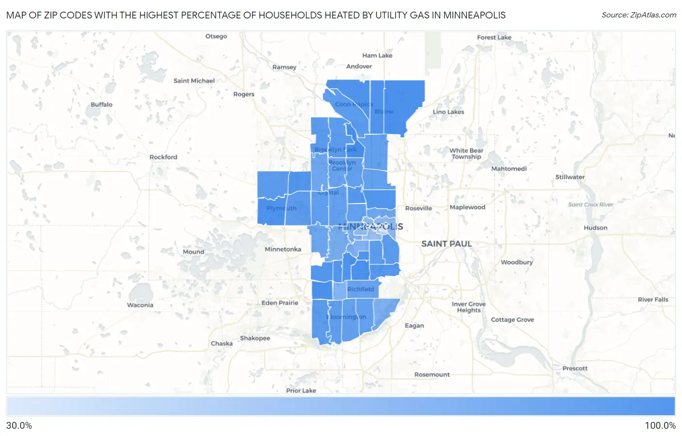 Zip Codes with the Highest Percentage of Households Heated by Utility Gas in Minneapolis Map