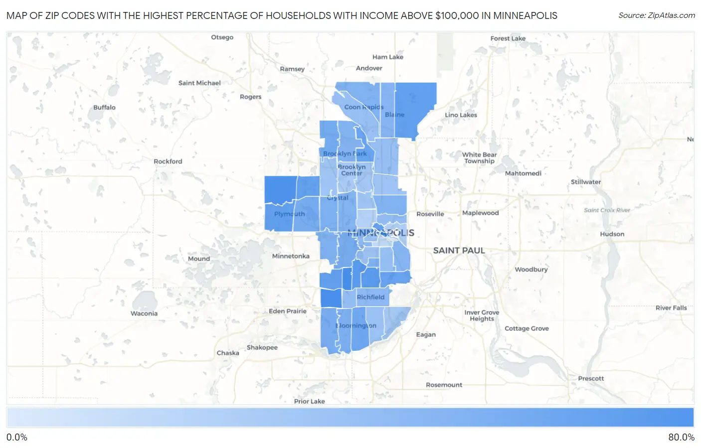 Zip Codes with the Highest Percentage of Households with Income Above $100,000 in Minneapolis Map