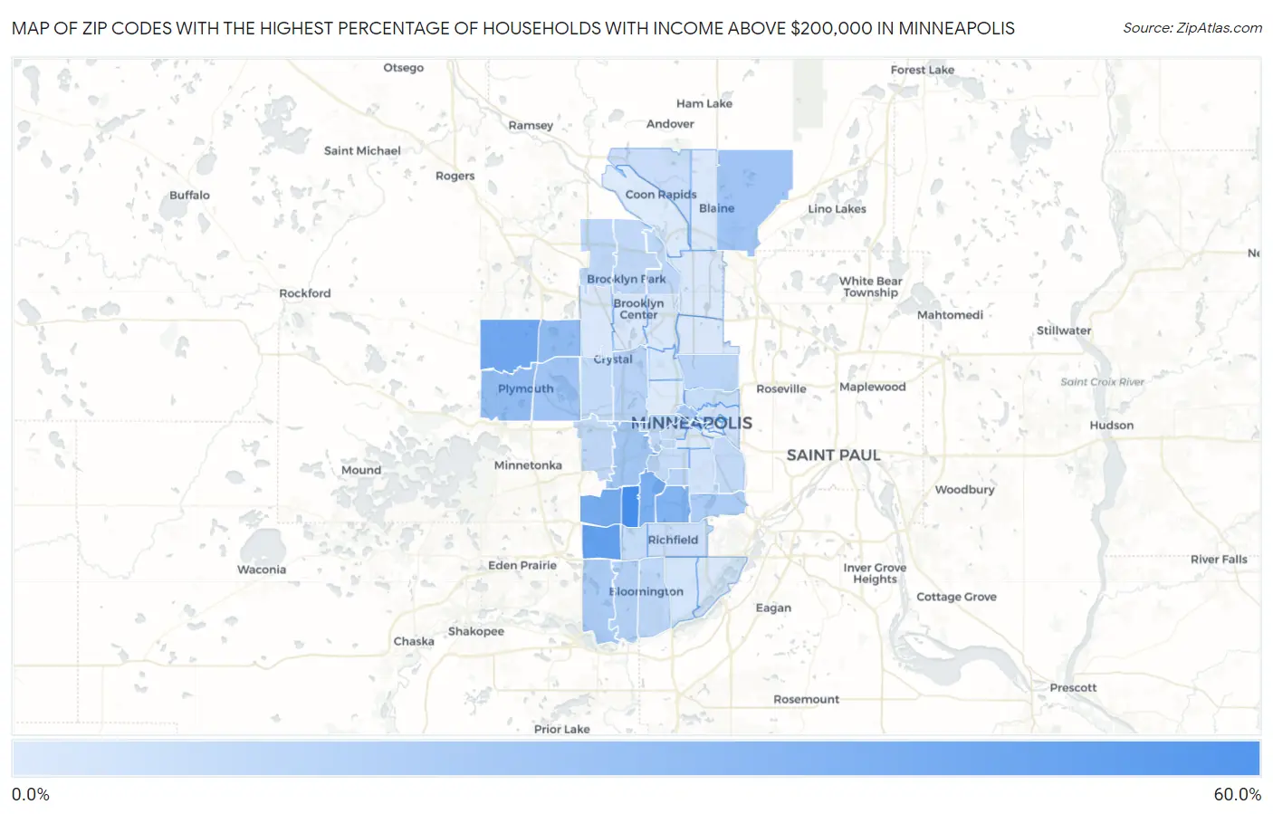 Zip Codes with the Highest Percentage of Households with Income Above $200,000 in Minneapolis Map
