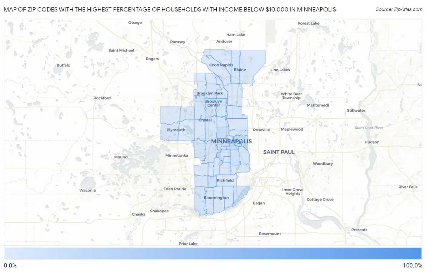 Zip Codes with the Highest Percentage of Households with Income Below $10,000 in Minneapolis Map