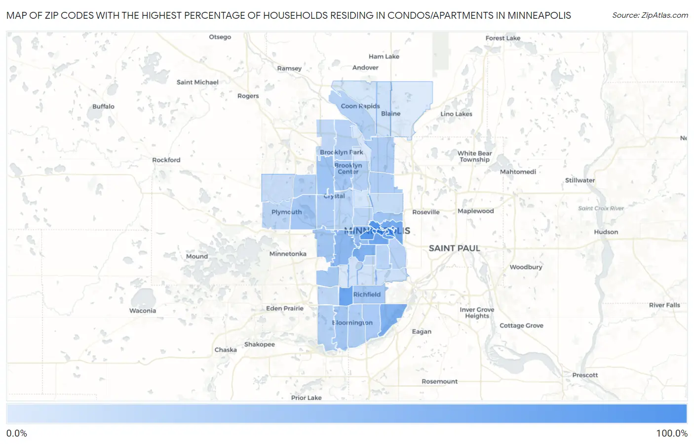 Zip Codes with the Highest Percentage of Households Residing in Condos/Apartments in Minneapolis Map