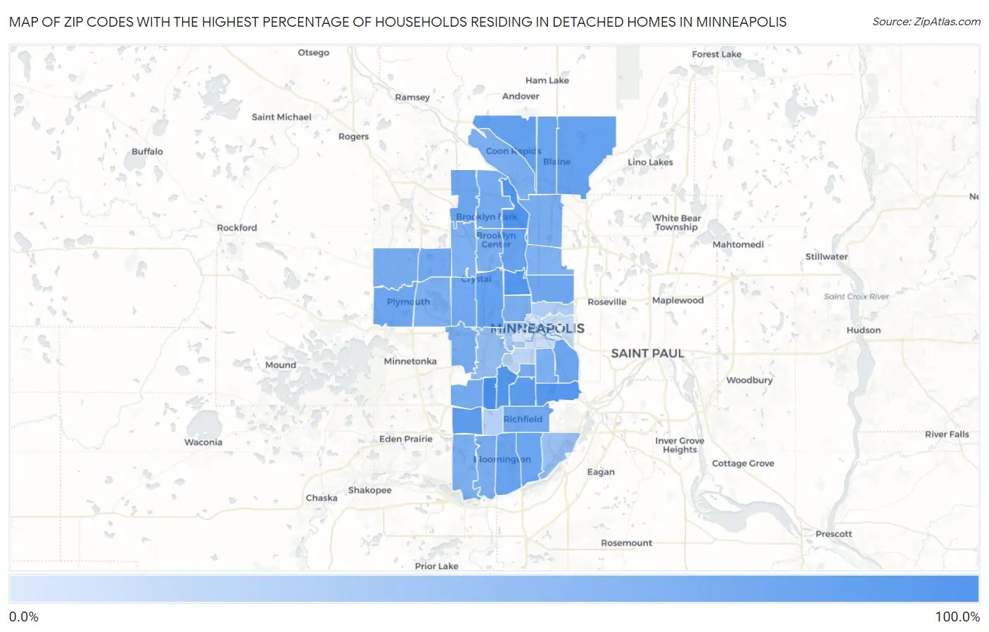Zip Codes with the Highest Percentage of Households Residing in Detached Homes in Minneapolis Map