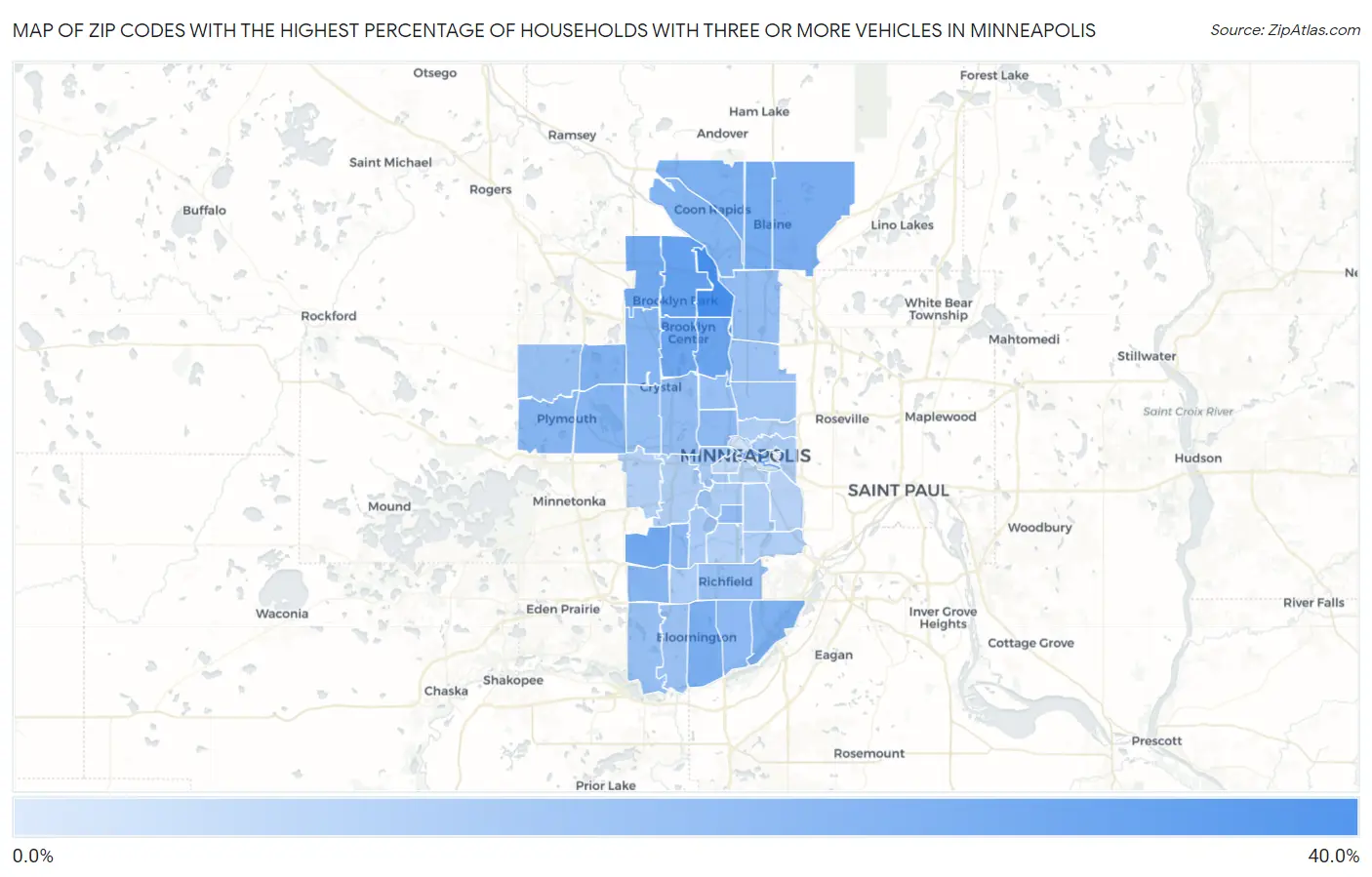 Zip Codes with the Highest Percentage of Households With Three or more Vehicles in Minneapolis Map