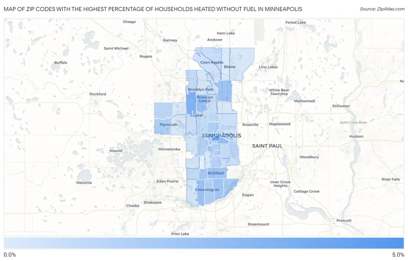 Zip Codes with the Highest Percentage of Households Heated without Fuel in Minneapolis Map