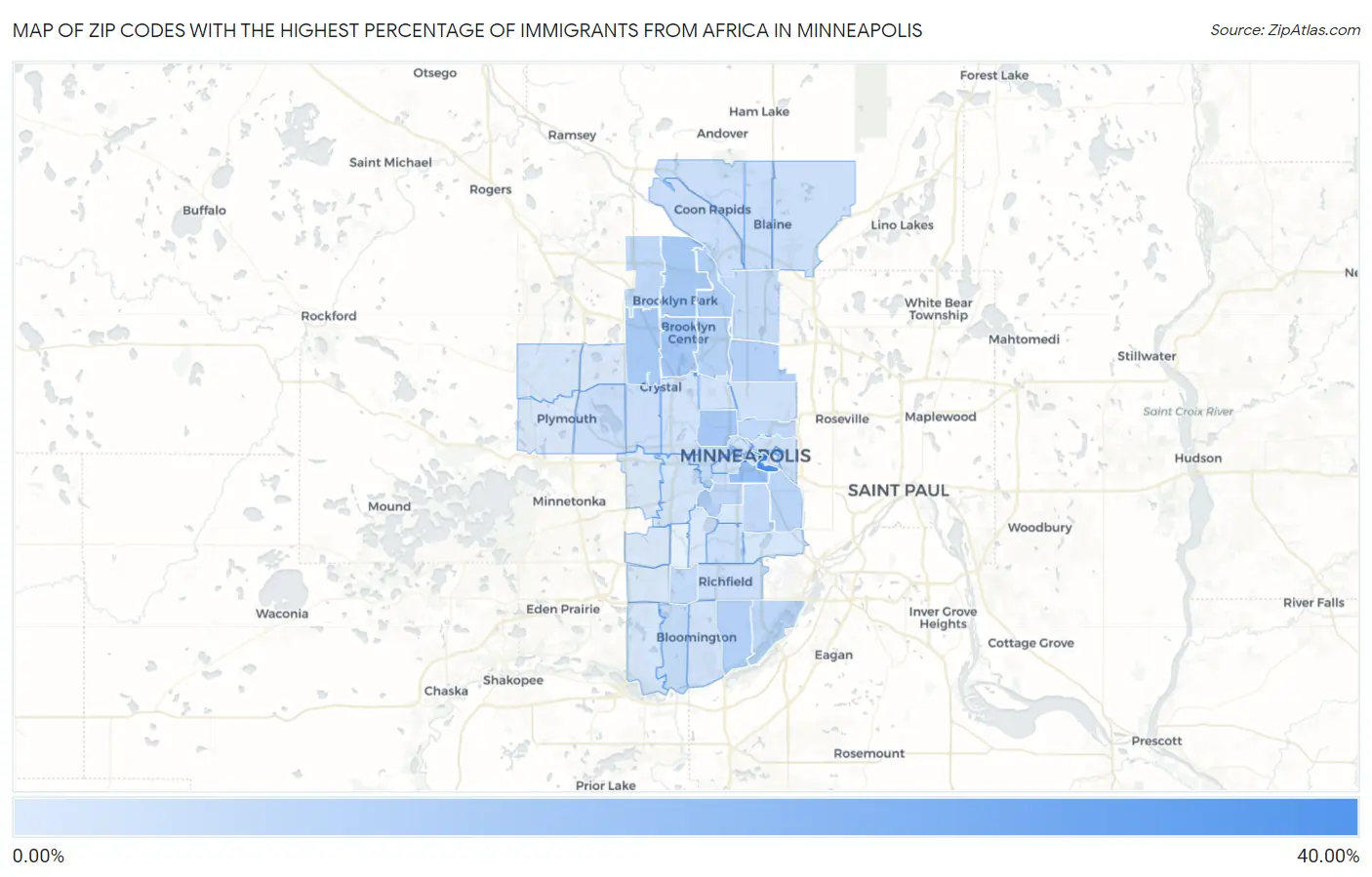 Zip Codes with the Highest Percentage of Immigrants from Africa in Minneapolis Map