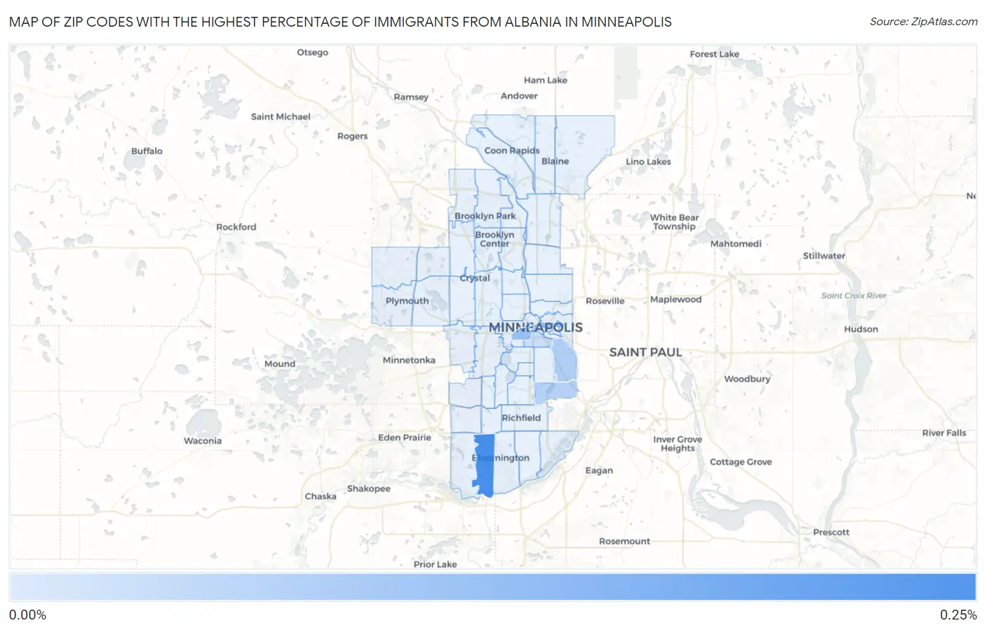 Zip Codes with the Highest Percentage of Immigrants from Albania in Minneapolis Map