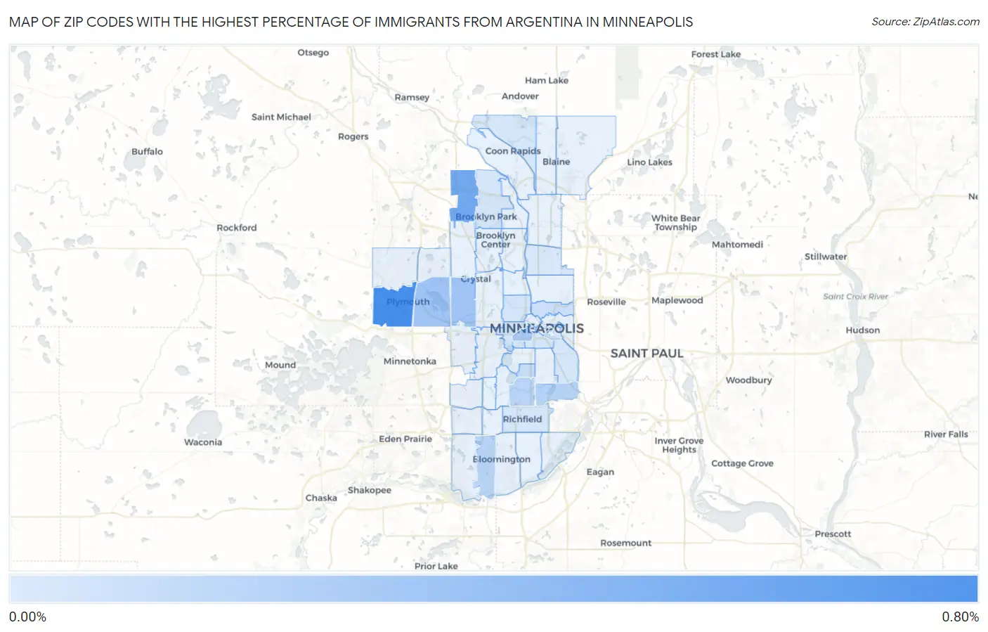 Zip Codes with the Highest Percentage of Immigrants from Argentina in Minneapolis Map