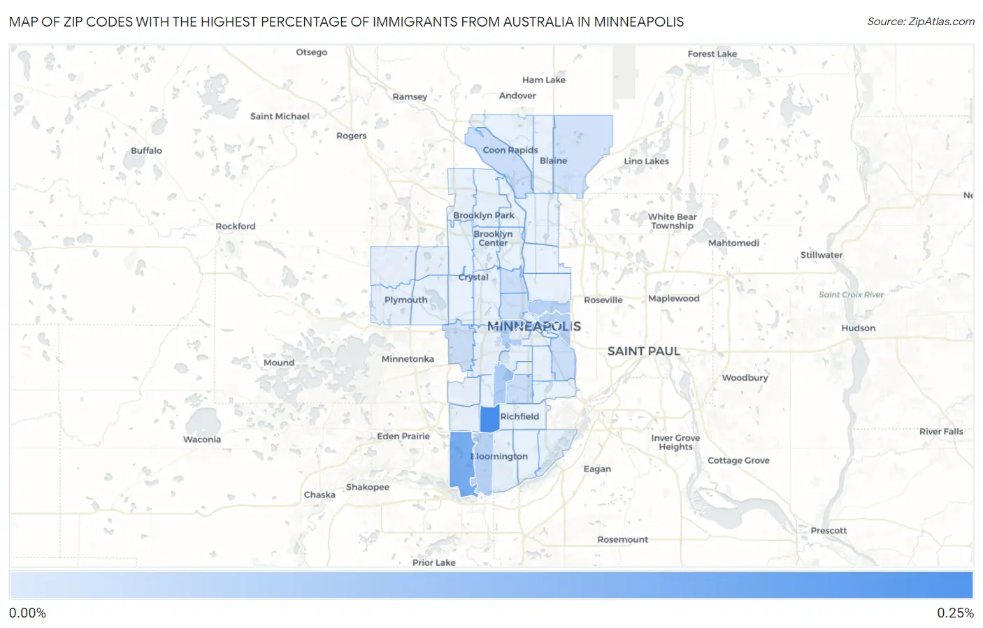 Zip Codes with the Highest Percentage of Immigrants from Australia in Minneapolis Map