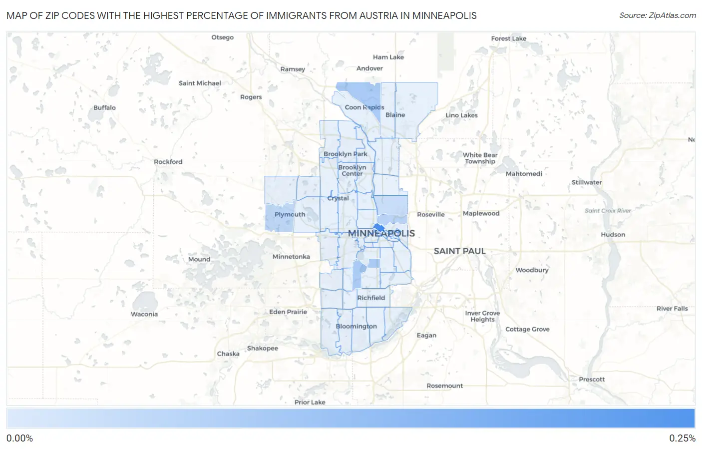 Zip Codes with the Highest Percentage of Immigrants from Austria in Minneapolis Map