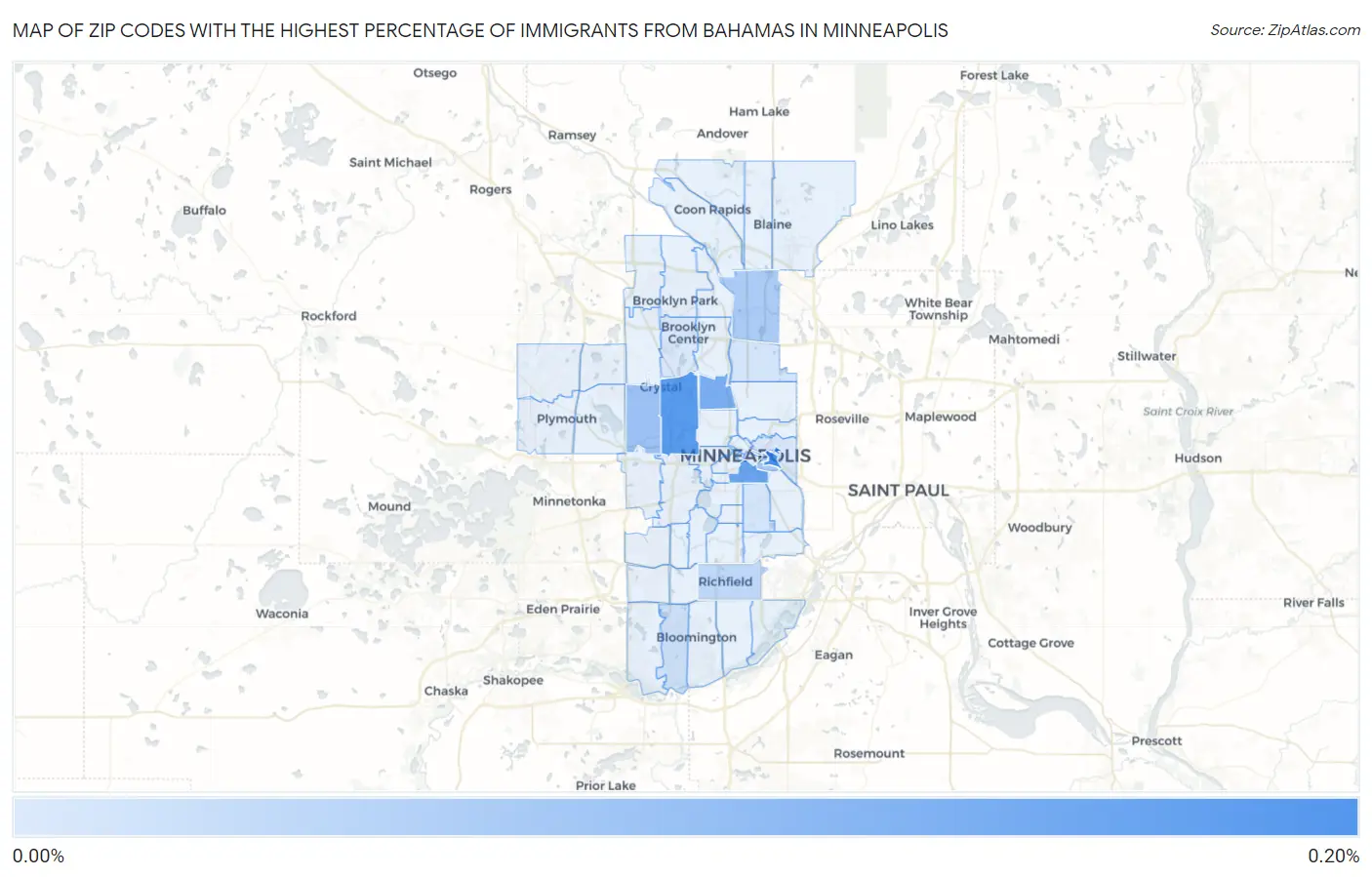 Zip Codes with the Highest Percentage of Immigrants from Bahamas in Minneapolis Map