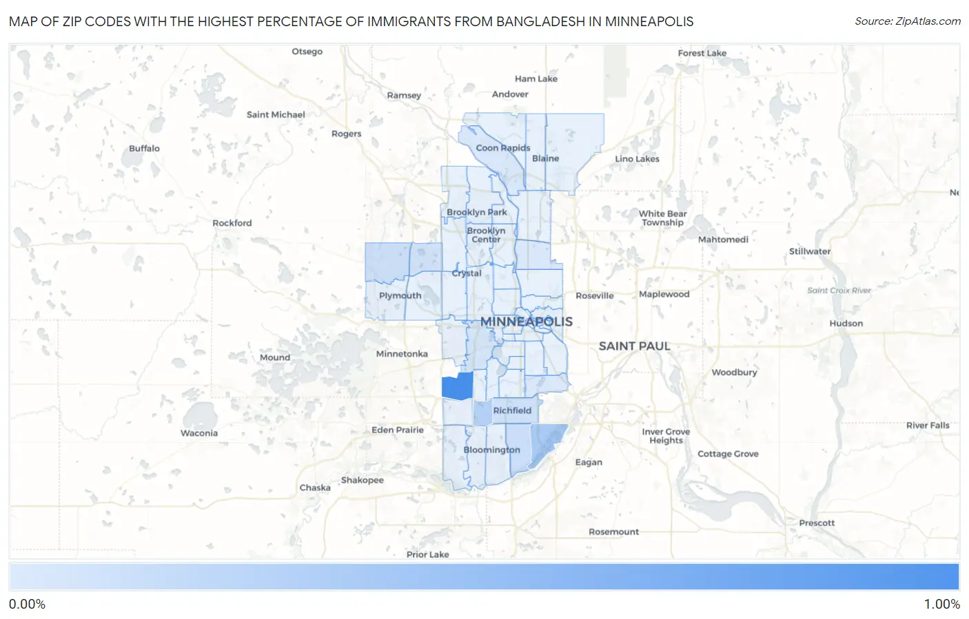 Zip Codes with the Highest Percentage of Immigrants from Bangladesh in Minneapolis Map