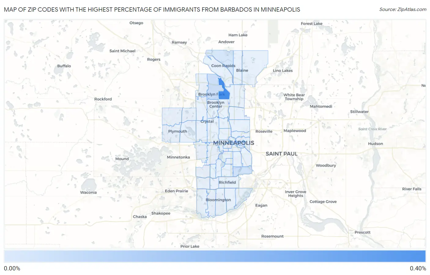 Zip Codes with the Highest Percentage of Immigrants from Barbados in Minneapolis Map