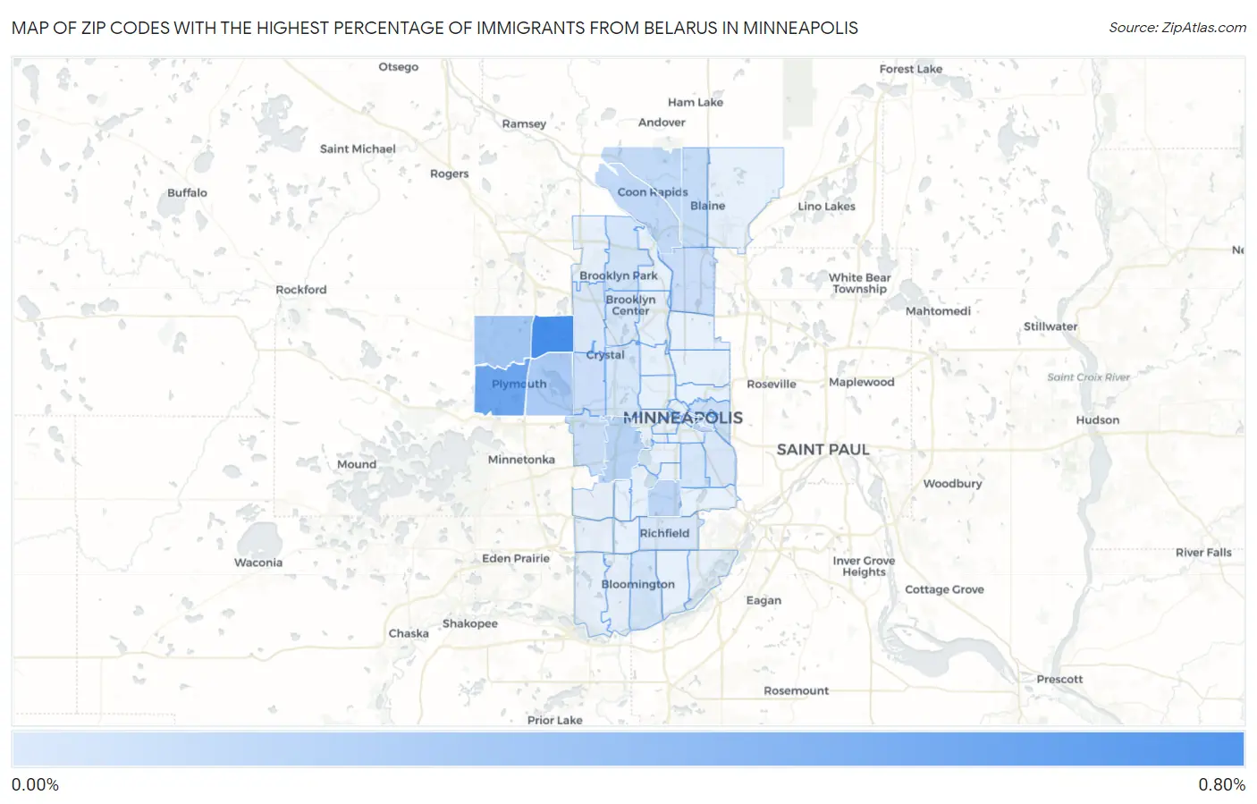 Zip Codes with the Highest Percentage of Immigrants from Belarus in Minneapolis Map