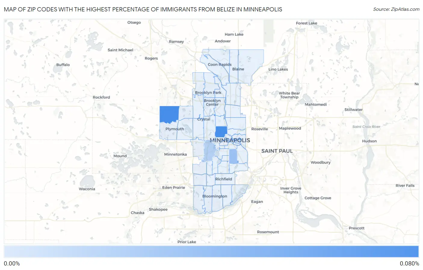 Zip Codes with the Highest Percentage of Immigrants from Belize in Minneapolis Map