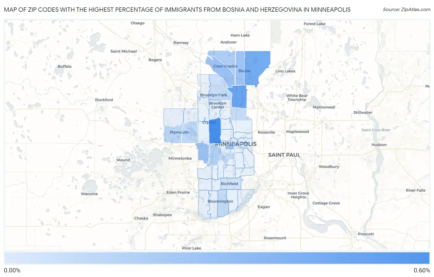 Zip Codes with the Highest Percentage of Immigrants from Bosnia and Herzegovina in Minneapolis Map