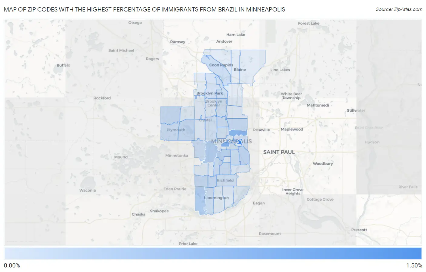Zip Codes with the Highest Percentage of Immigrants from Brazil in Minneapolis Map