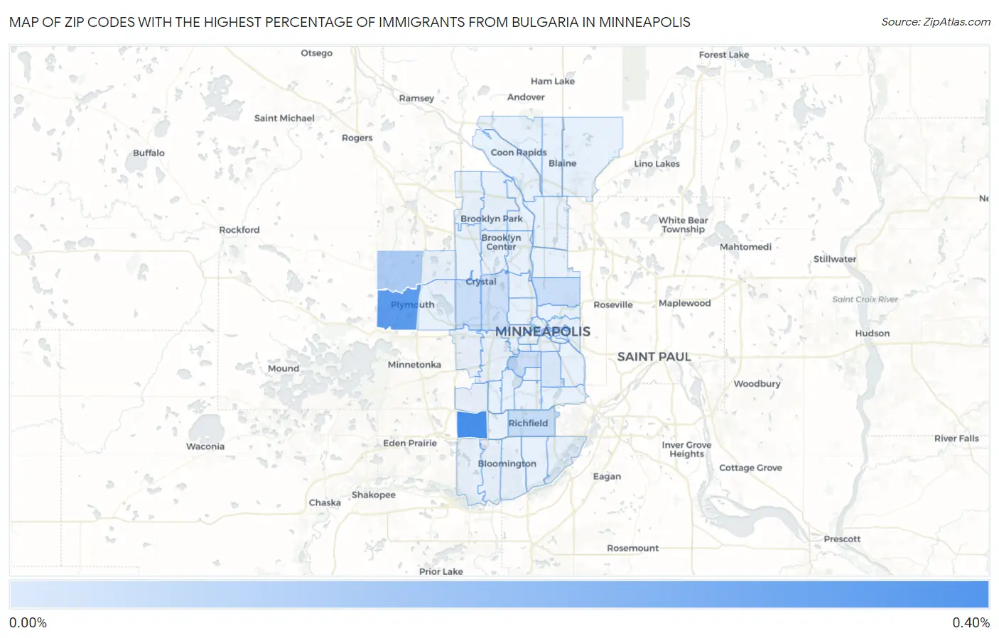 Zip Codes with the Highest Percentage of Immigrants from Bulgaria in Minneapolis Map