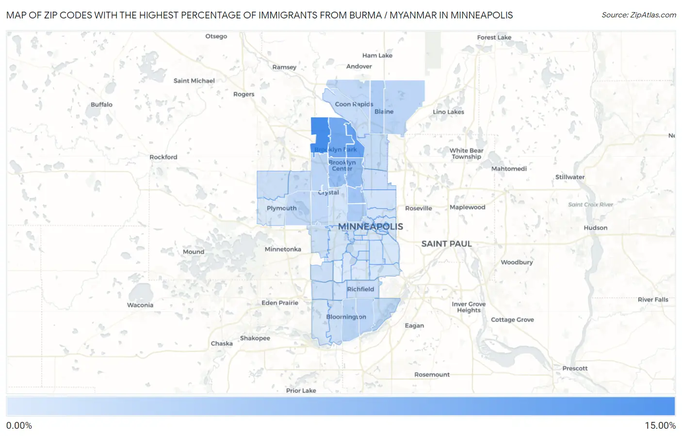 Zip Codes with the Highest Percentage of Immigrants from Burma / Myanmar in Minneapolis Map