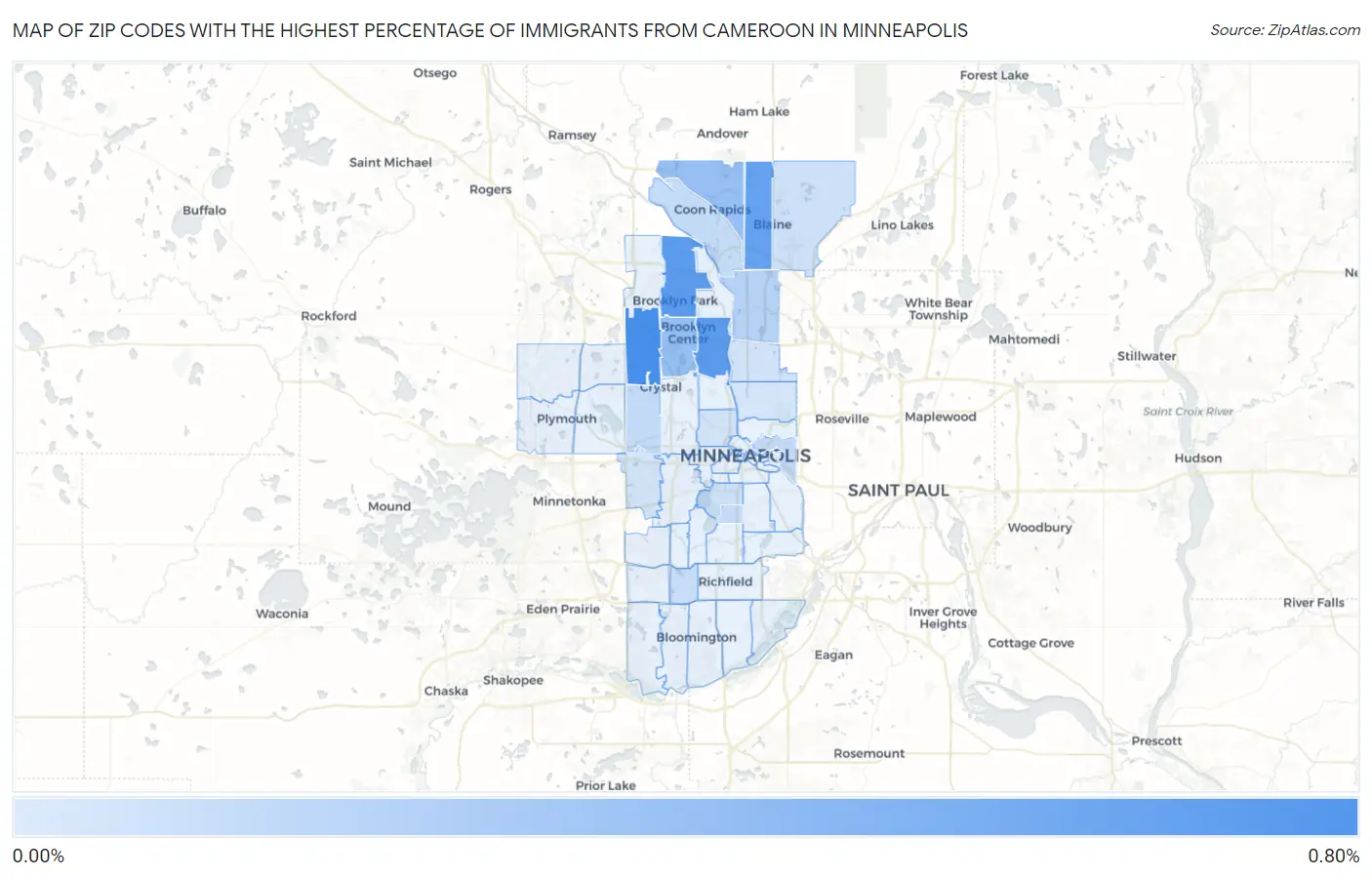 Zip Codes with the Highest Percentage of Immigrants from Cameroon in Minneapolis Map